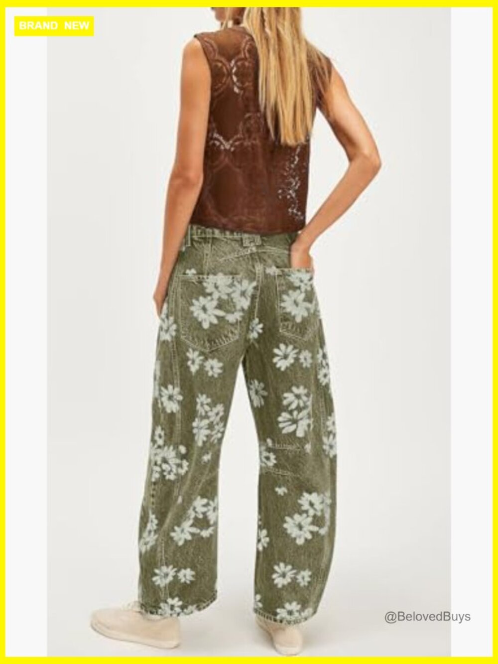 Y2k Distressed Barrel Jeans Baggy Wide Leg Floral Printed Boyfriend Patchwork - Picture 6 of 7